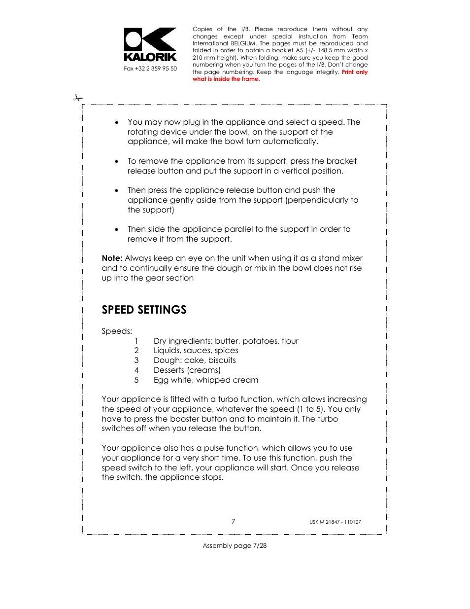 Speed settings | Kalorik USK M 21847 User Manual | Page 7 / 28