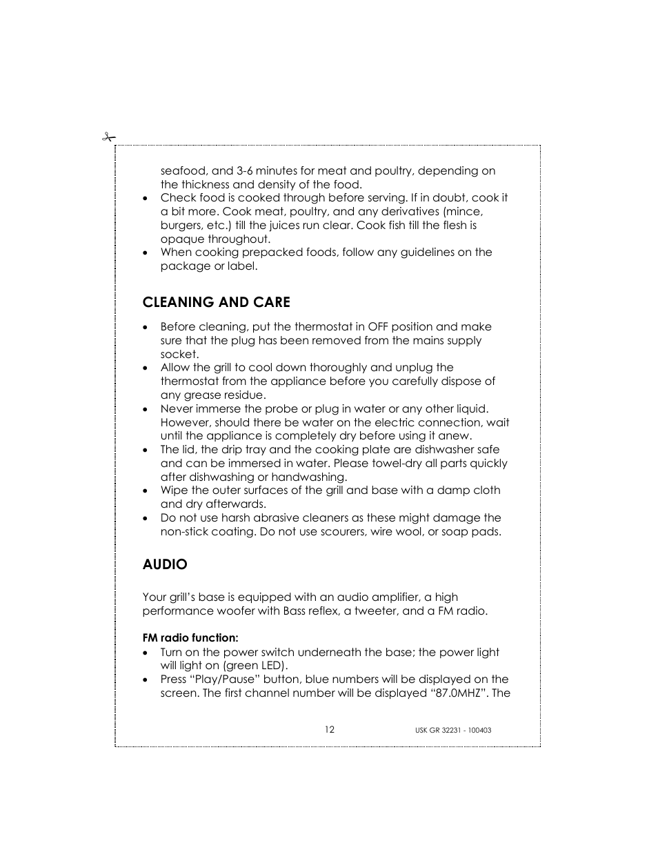 Cleaning and care, Audio | Kalorik USK GRB 32231 S User Manual | Page 12 / 20