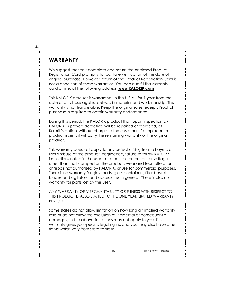 Warranty | Kalorik USK GRB 32231 S User Manual | Page 15 / 20