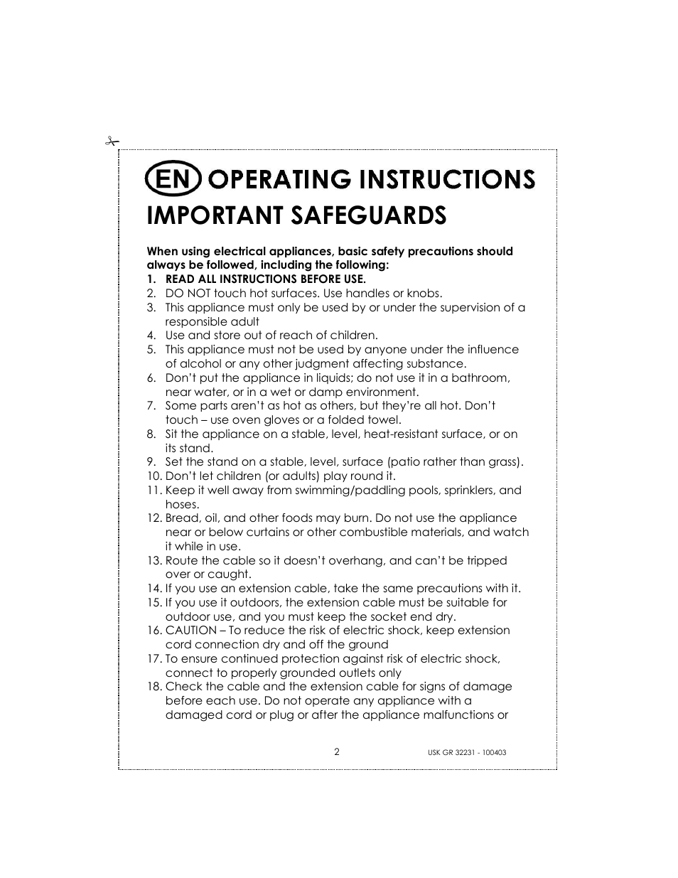 Important safeguards | Kalorik USK GRB 32231 S User Manual | Page 2 / 20