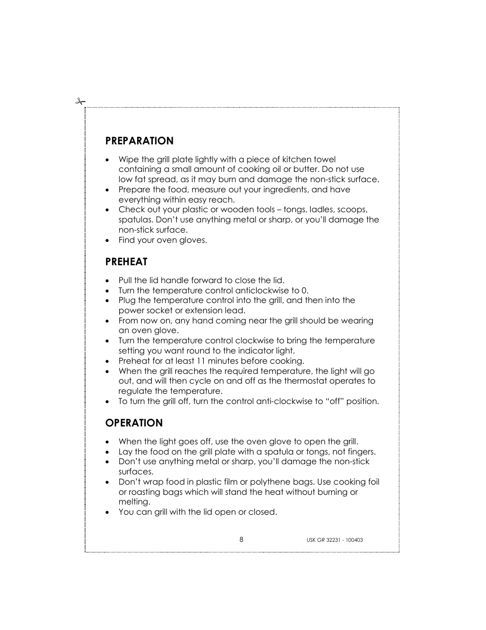 Preparation, Preheat, Operation | Kalorik USK GRB 32231 S User Manual | Page 8 / 20