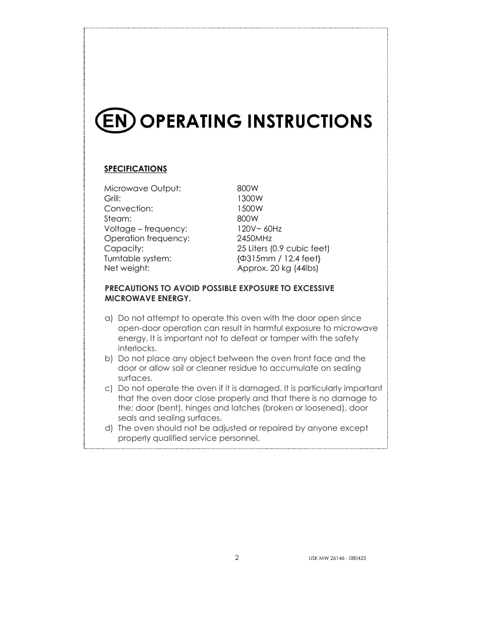 Kalorik MICROONDAS USK MW 26146 User Manual | Page 2 / 94