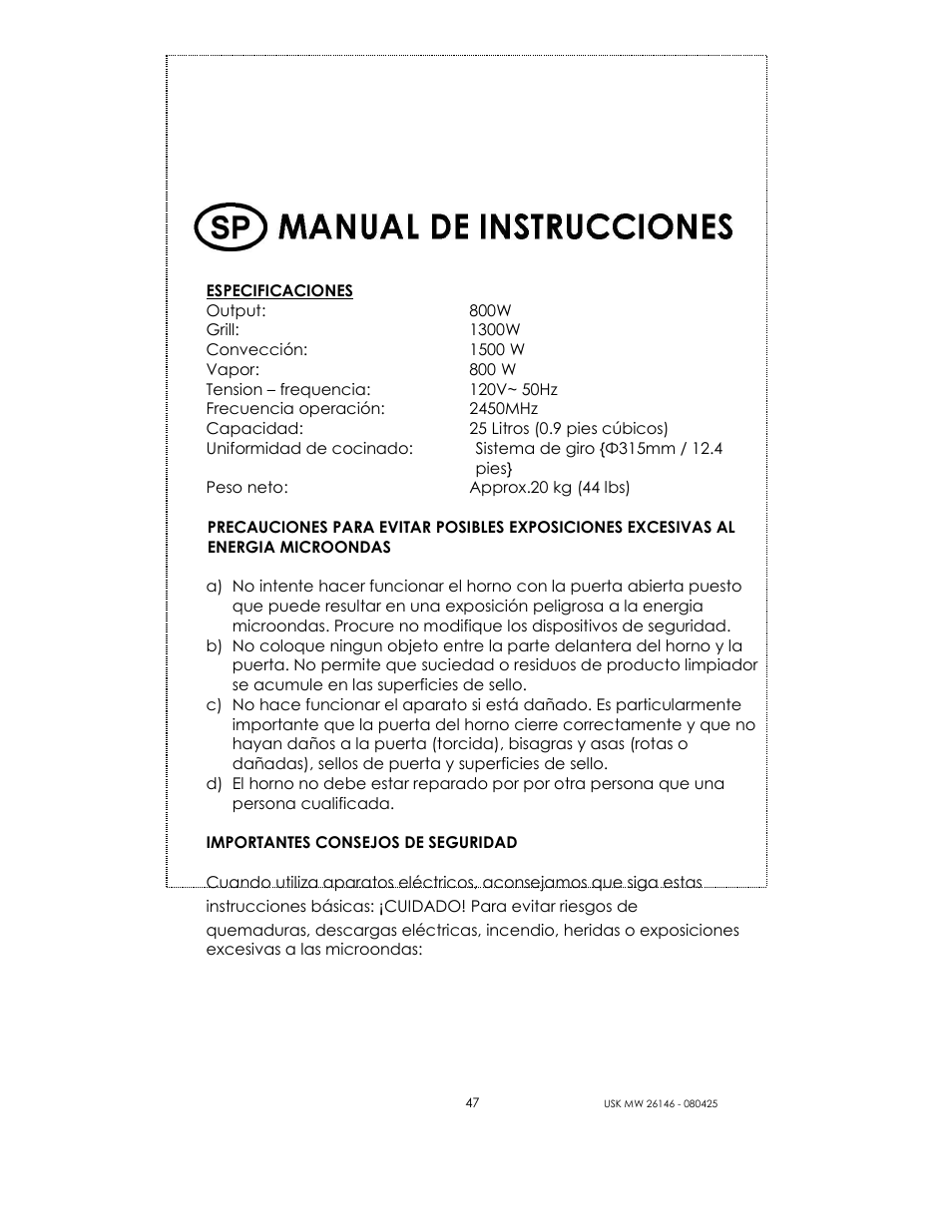 Kalorik MICROONDAS USK MW 26146 User Manual | Page 47 / 94