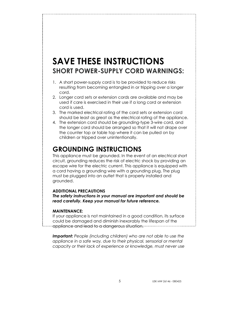 Save these instructions, Short power-supply cord warnings, Grounding instructions | Kalorik MICROONDAS USK MW 26146 User Manual | Page 5 / 94