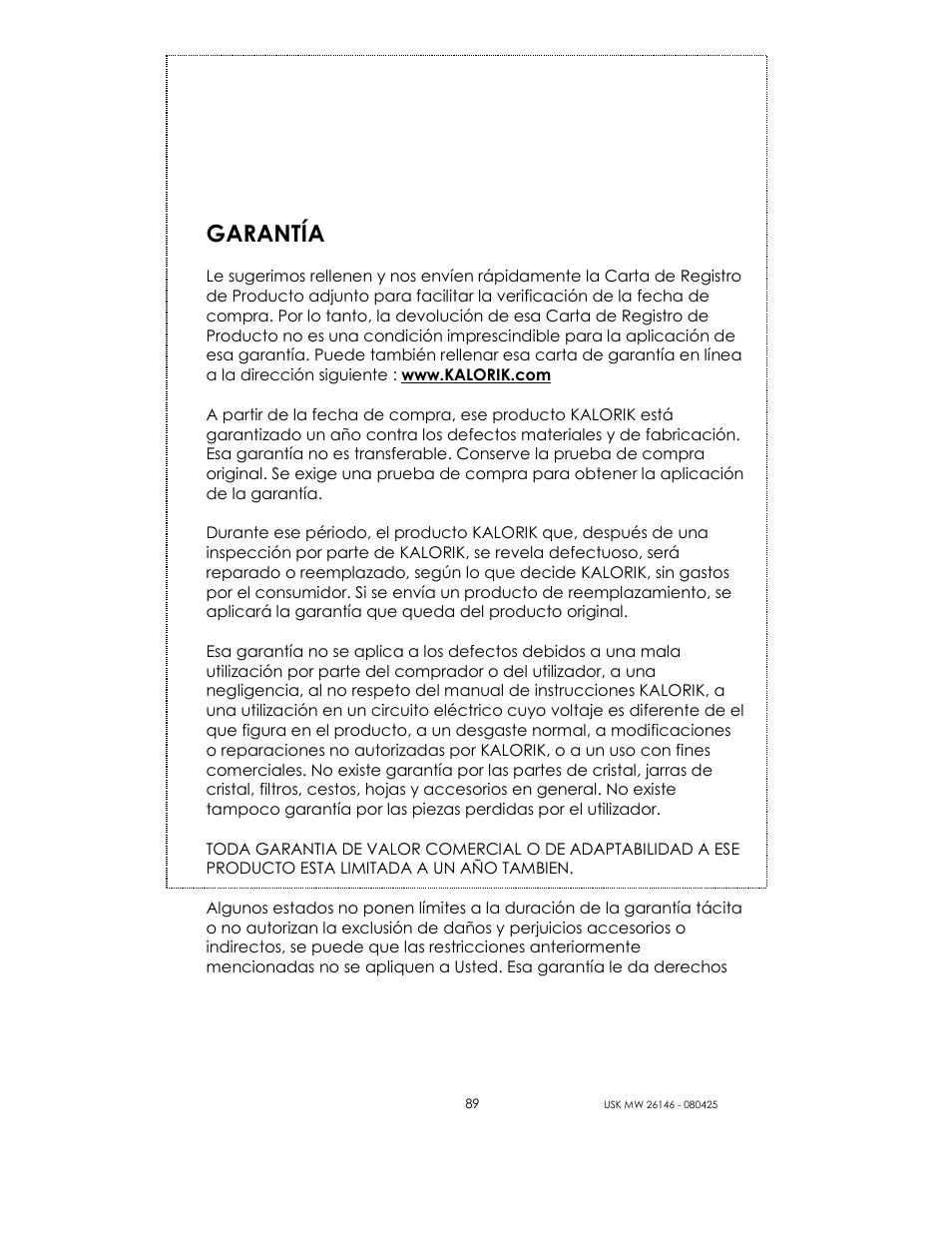 Garantía | Kalorik MICROONDAS USK MW 26146 User Manual | Page 89 / 94