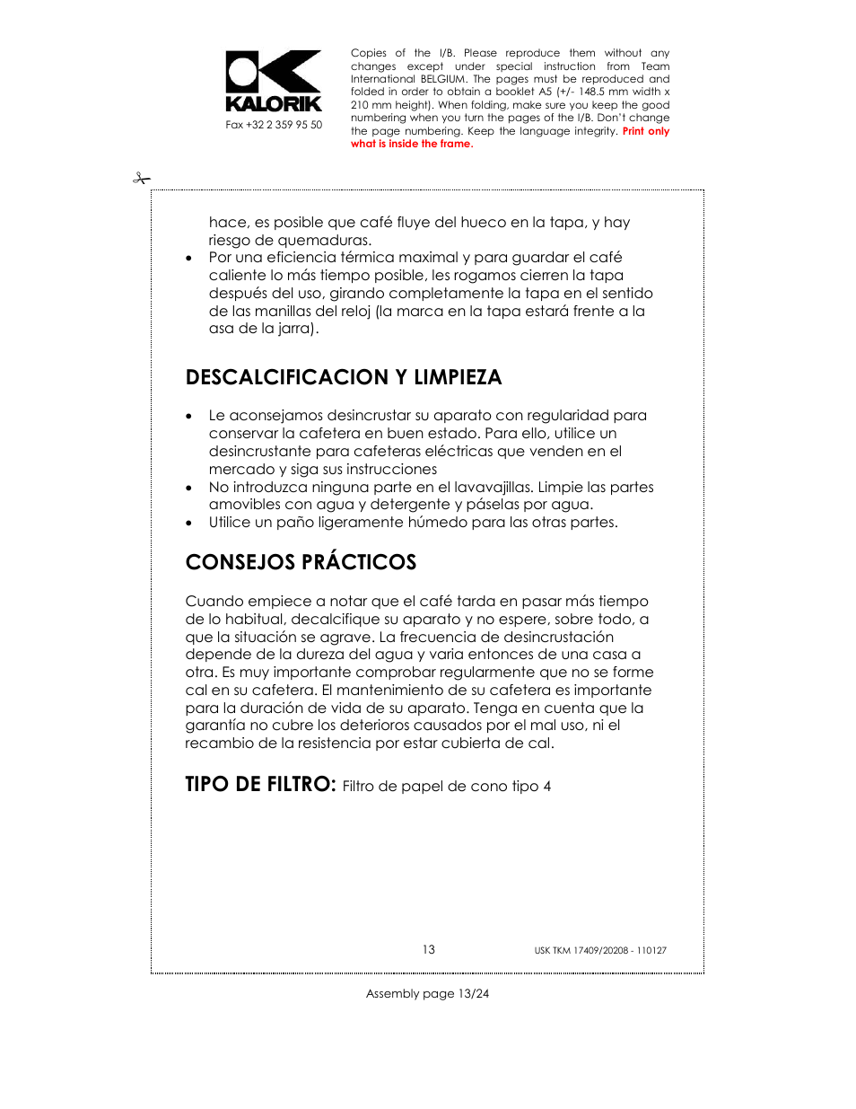 Descalcificacion y limpieza, Consejos prácticos, Tipo de filtro | Kalorik TKM 20208 User Manual | Page 13 / 24