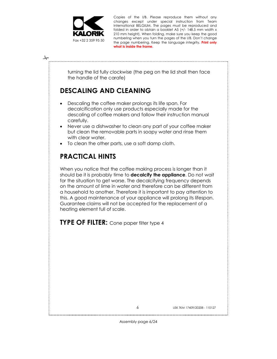 Descaling and cleaning, Practical hints, Type of filter | Kalorik TKM 20208 User Manual | Page 6 / 24