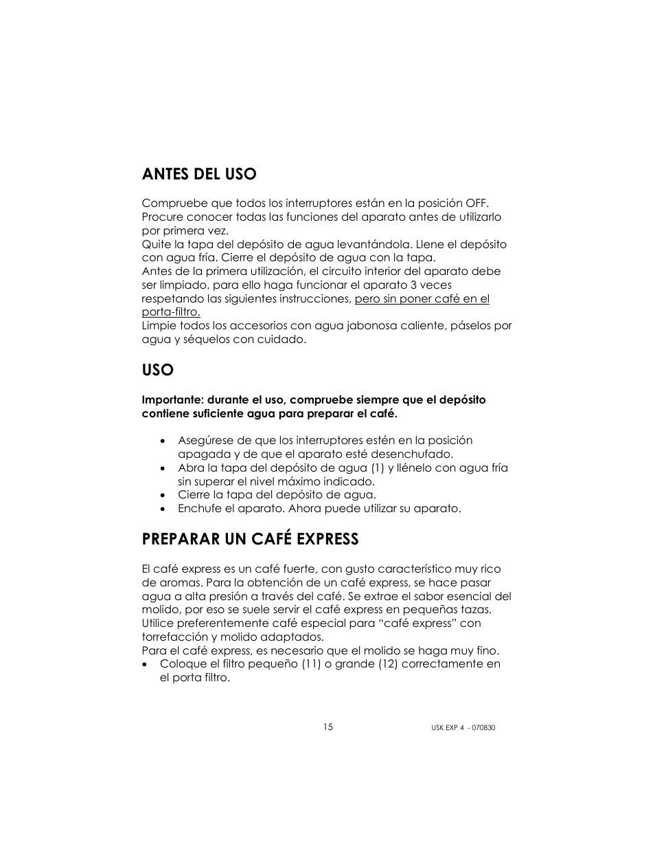 Antes del uso, Preparar un café express | Kalorik USK EXP 4 User Manual | Page 15 / 24