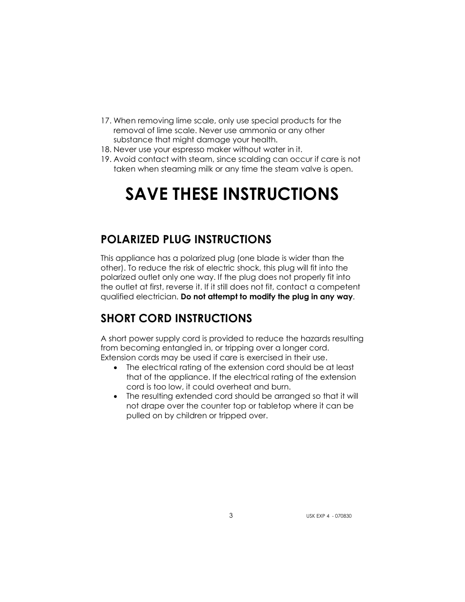 Save these instructions, Polarized plug instructions, Short cord instructions | Kalorik USK EXP 4 User Manual | Page 3 / 24