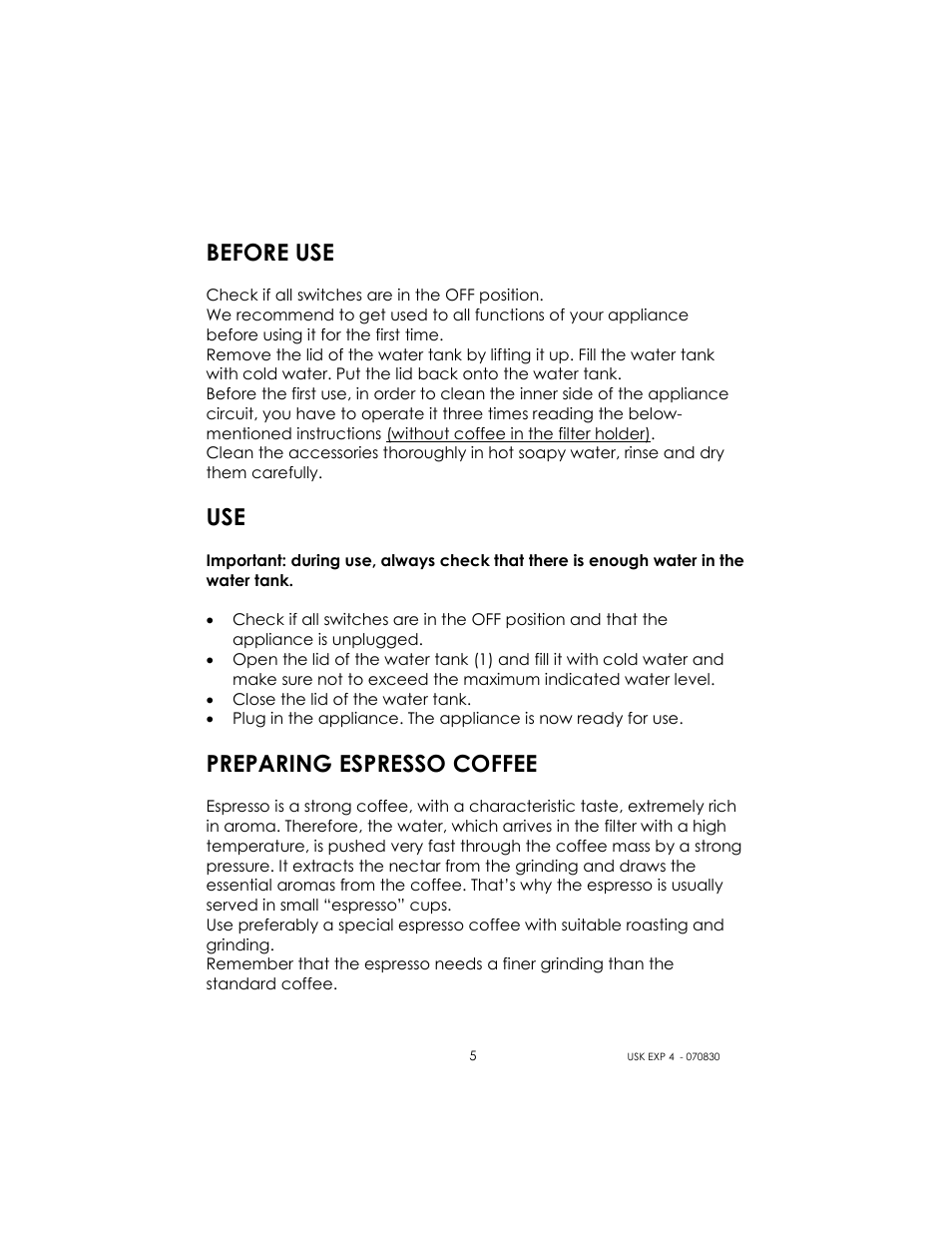 Before use, Preparing espresso coffee | Kalorik USK EXP 4 User Manual | Page 5 / 24