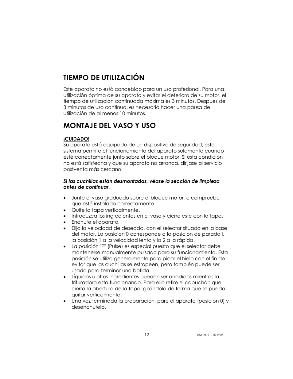 Tiempo de utilización, Montaje del vaso y uso | Kalorik USK BL 7 User Manual | Page 12 / 24