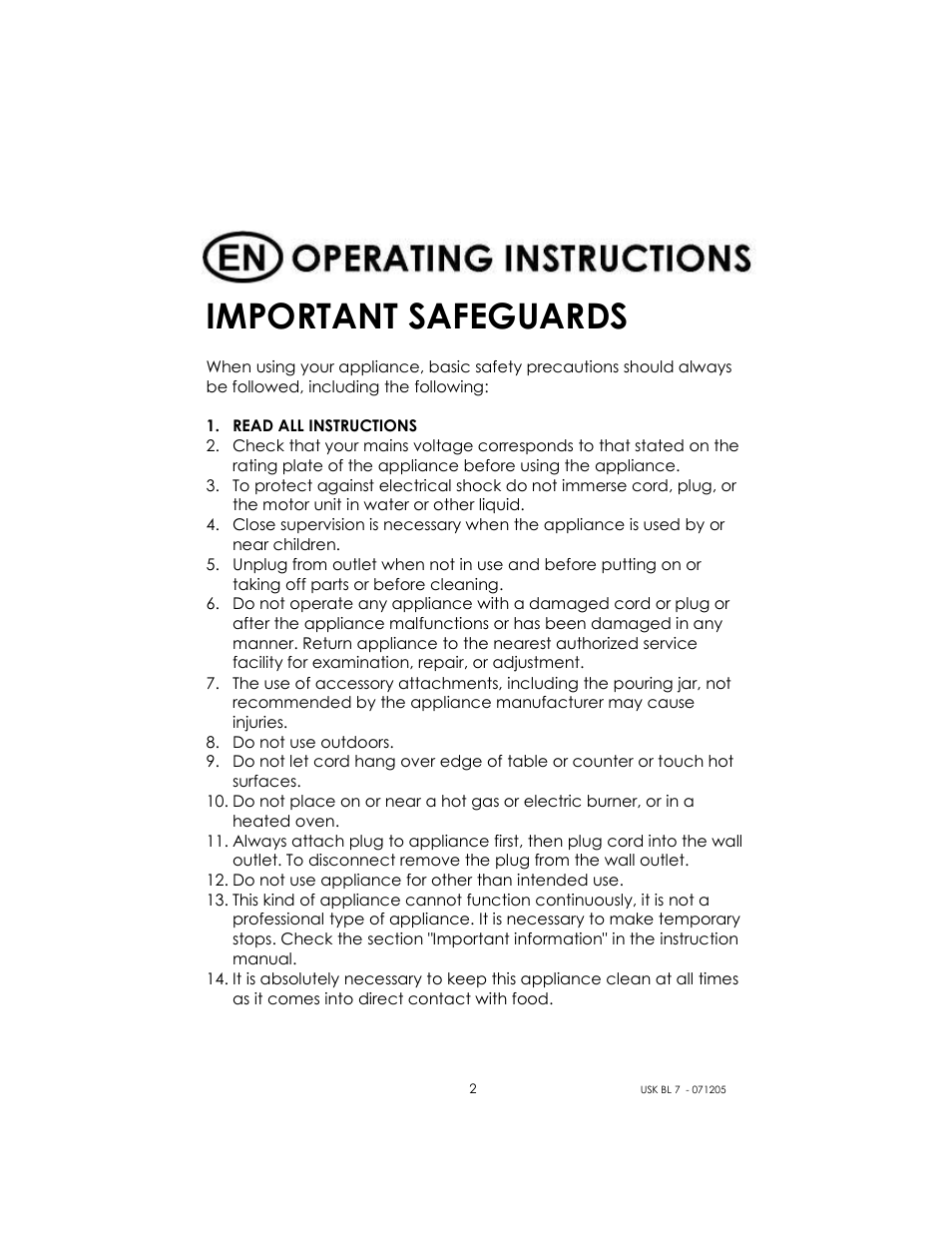 Important safeguards | Kalorik USK BL 7 User Manual | Page 2 / 24