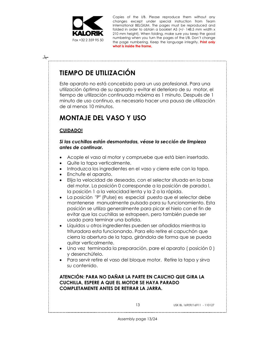 Tiempo de utilización, Montaje del vaso y uso | Kalorik USK BL 33029 User Manual | Page 13 / 24