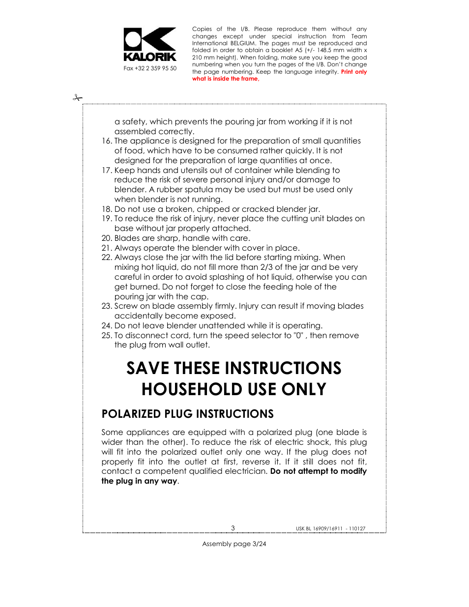 Save these instructions household use only, Polarized plug instructions | Kalorik USK BL 33029 User Manual | Page 3 / 24