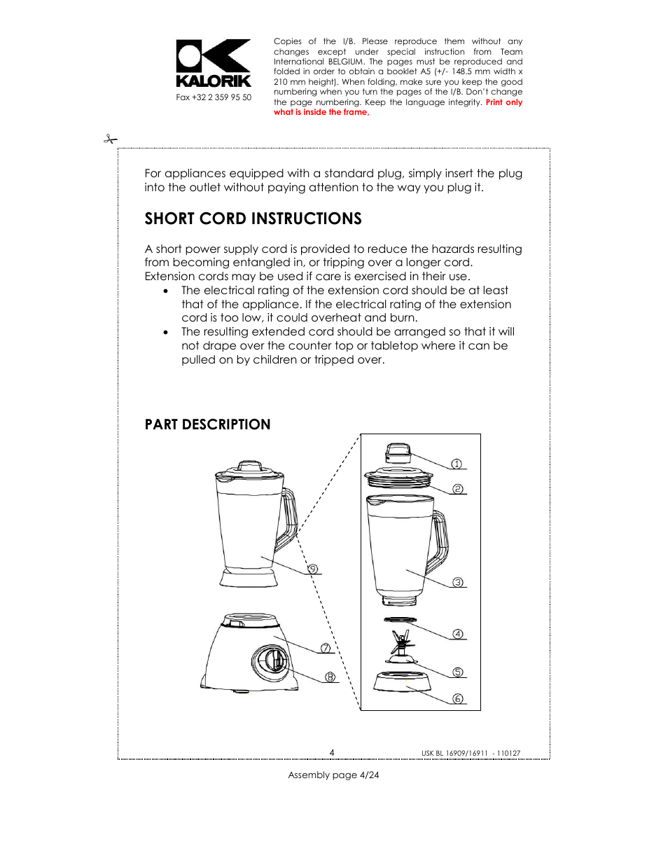 Short cord instructions, Part description | Kalorik USK BL 33029 User Manual | Page 4 / 24