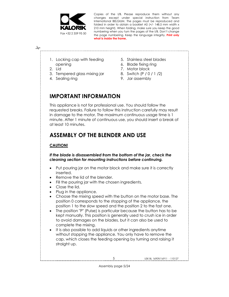 Important information, Assembly of the blender and use | Kalorik USK BL 33029 User Manual | Page 5 / 24