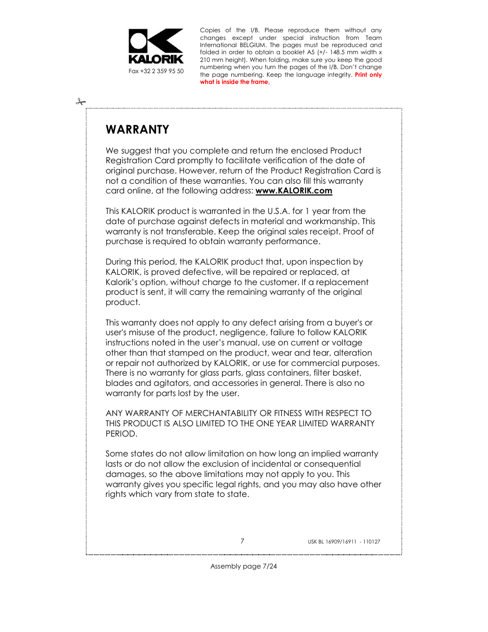 Warranty | Kalorik USK BL 33029 User Manual | Page 7 / 24