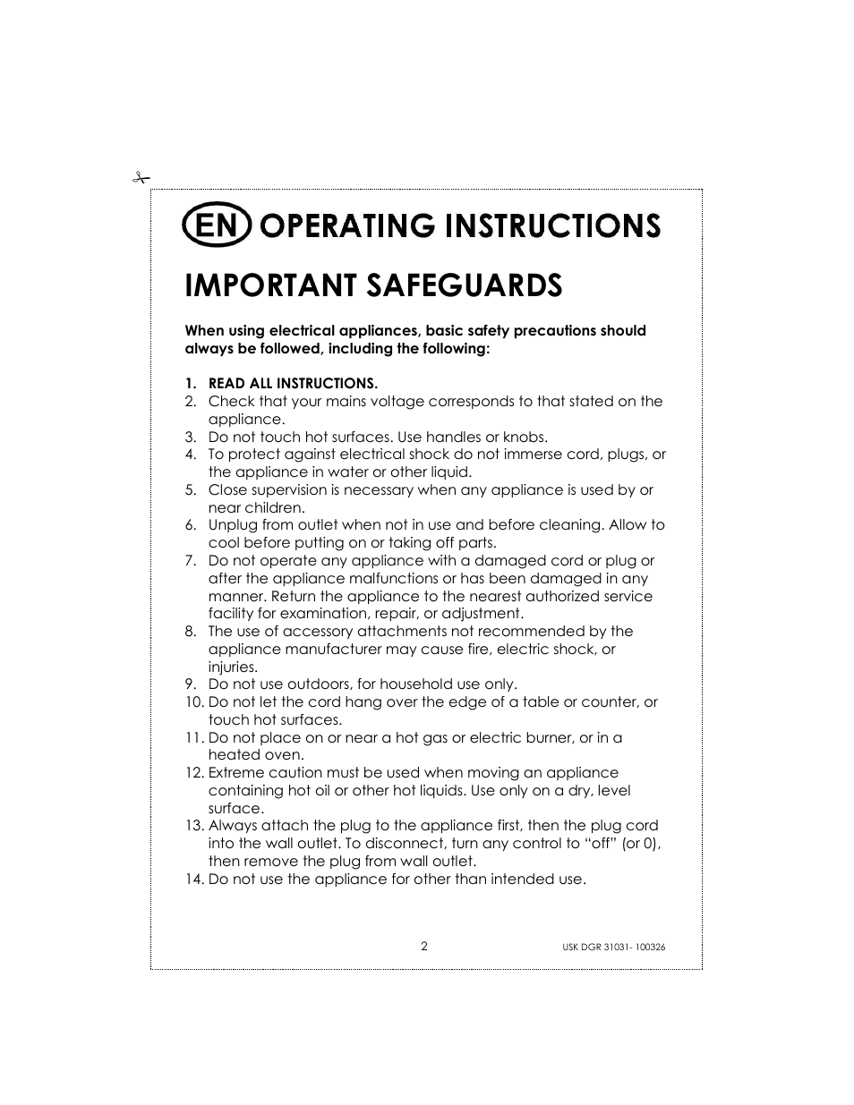 Important safeguards | Kalorik USK DGR 31031 User Manual | Page 2 / 16