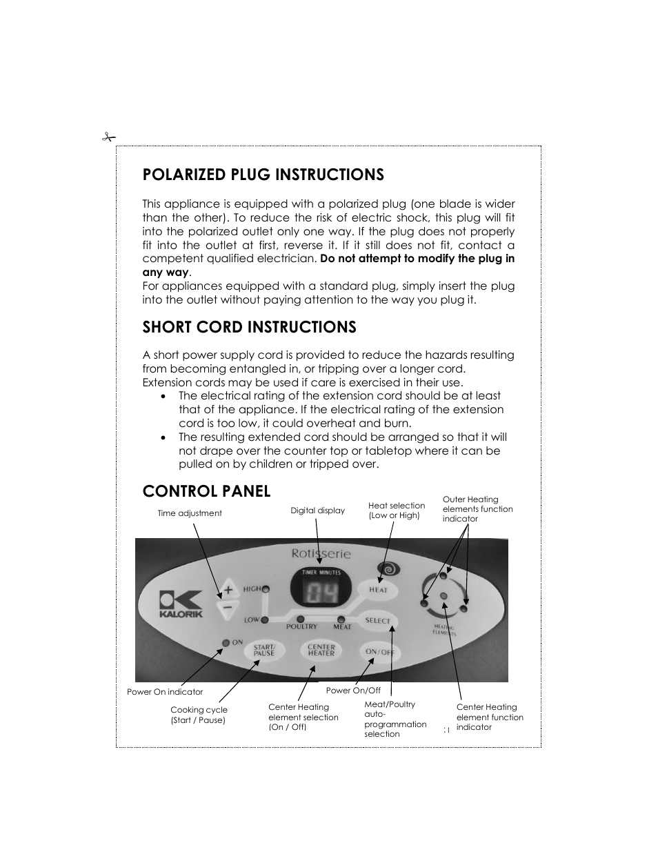 Polarized plug instructions, Short cord instructions, Control panel | Kalorik USK DGR 31031 User Manual | Page 4 / 16