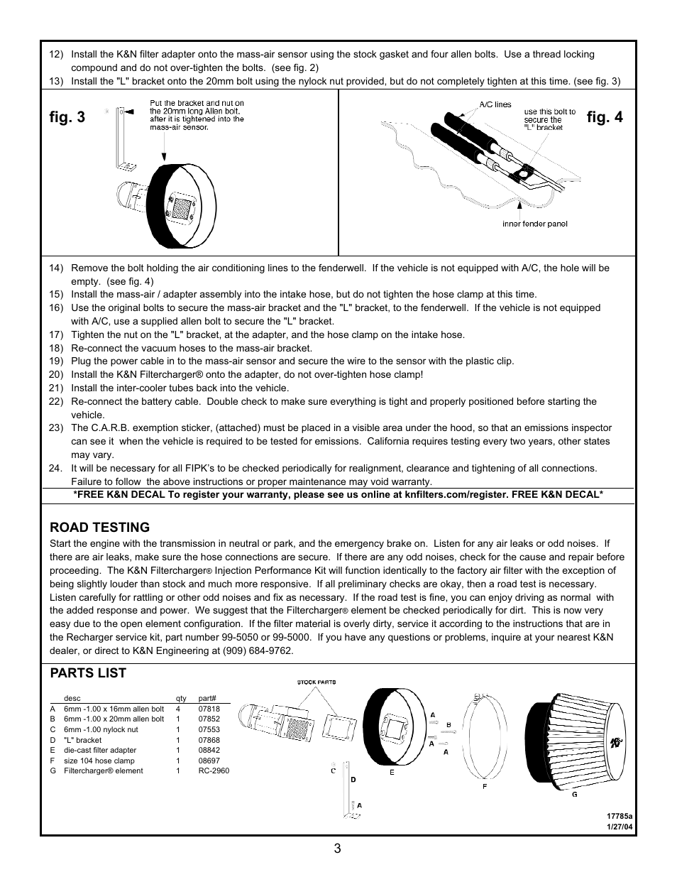 Fig. 3 fig. 4, 3road testing, Parts list | K&N Engineering 57-9004 User Manual | Page 4 / 4