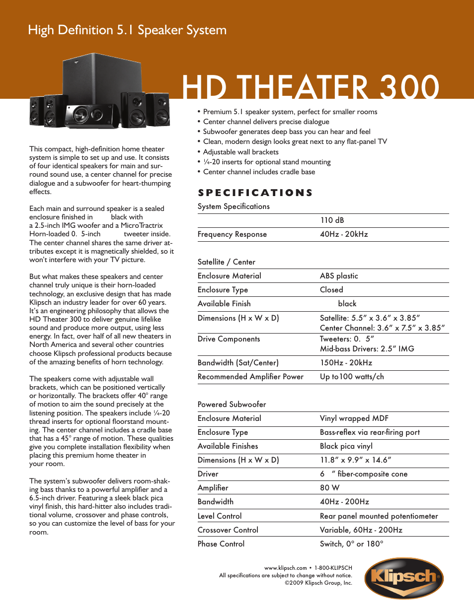 Klipsch HD Theater 300 User Manual | 1 page