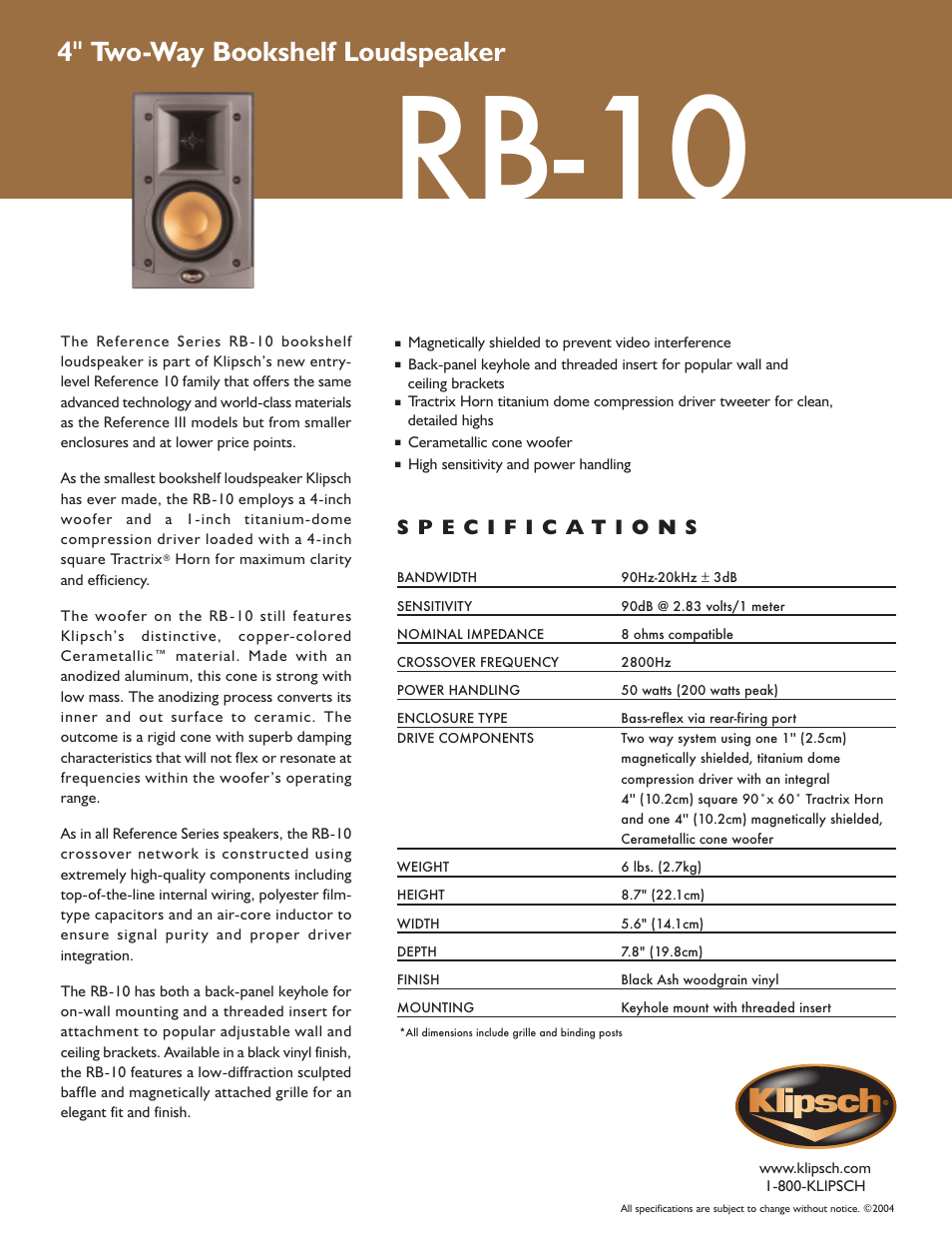 Klipsch Reference Series RB-10 User Manual | 1 page