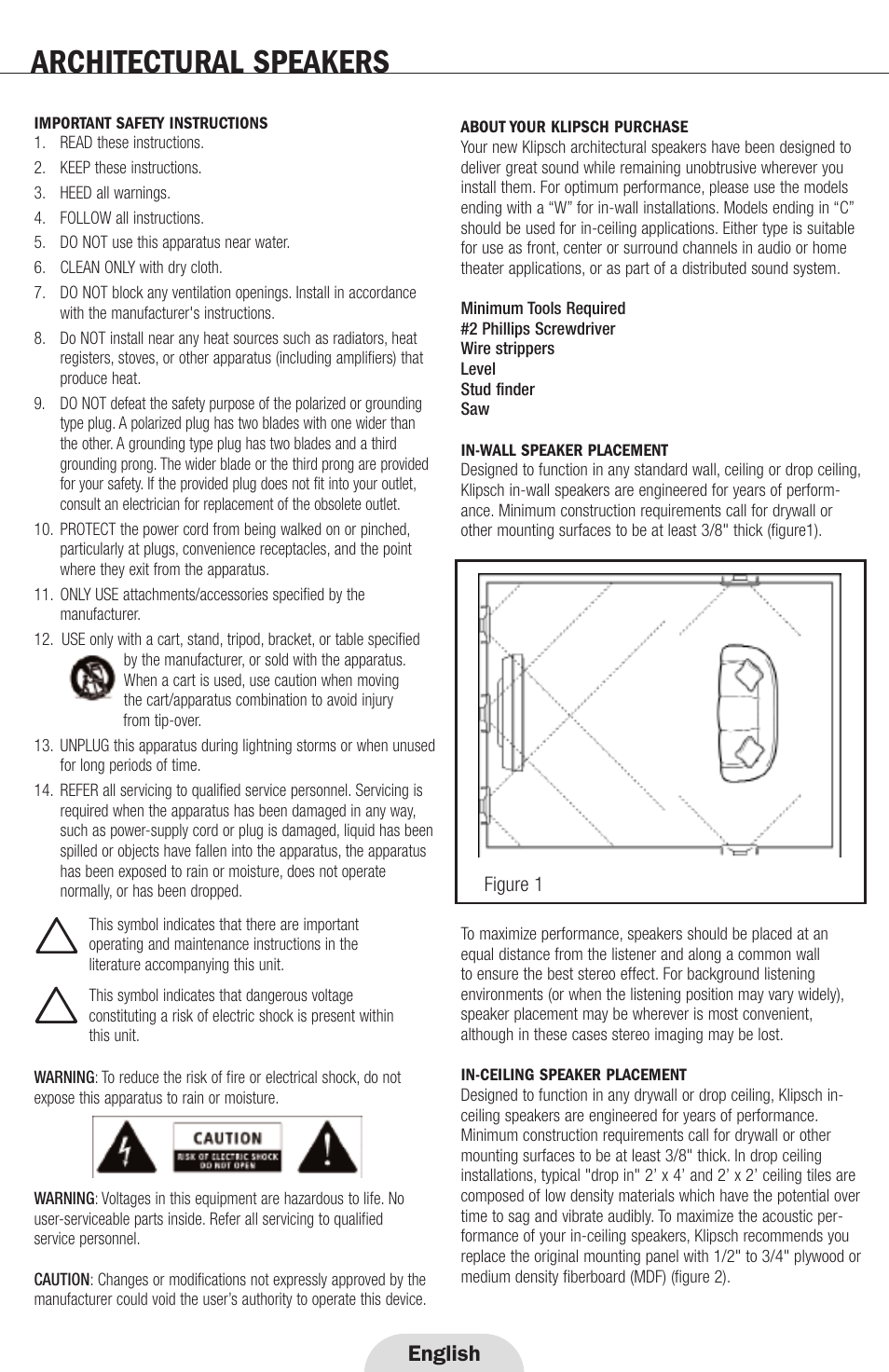 Architectural speakers, English | Klipsch ARCHITECTURAL SPEAKERS User Manual | Page 2 / 24