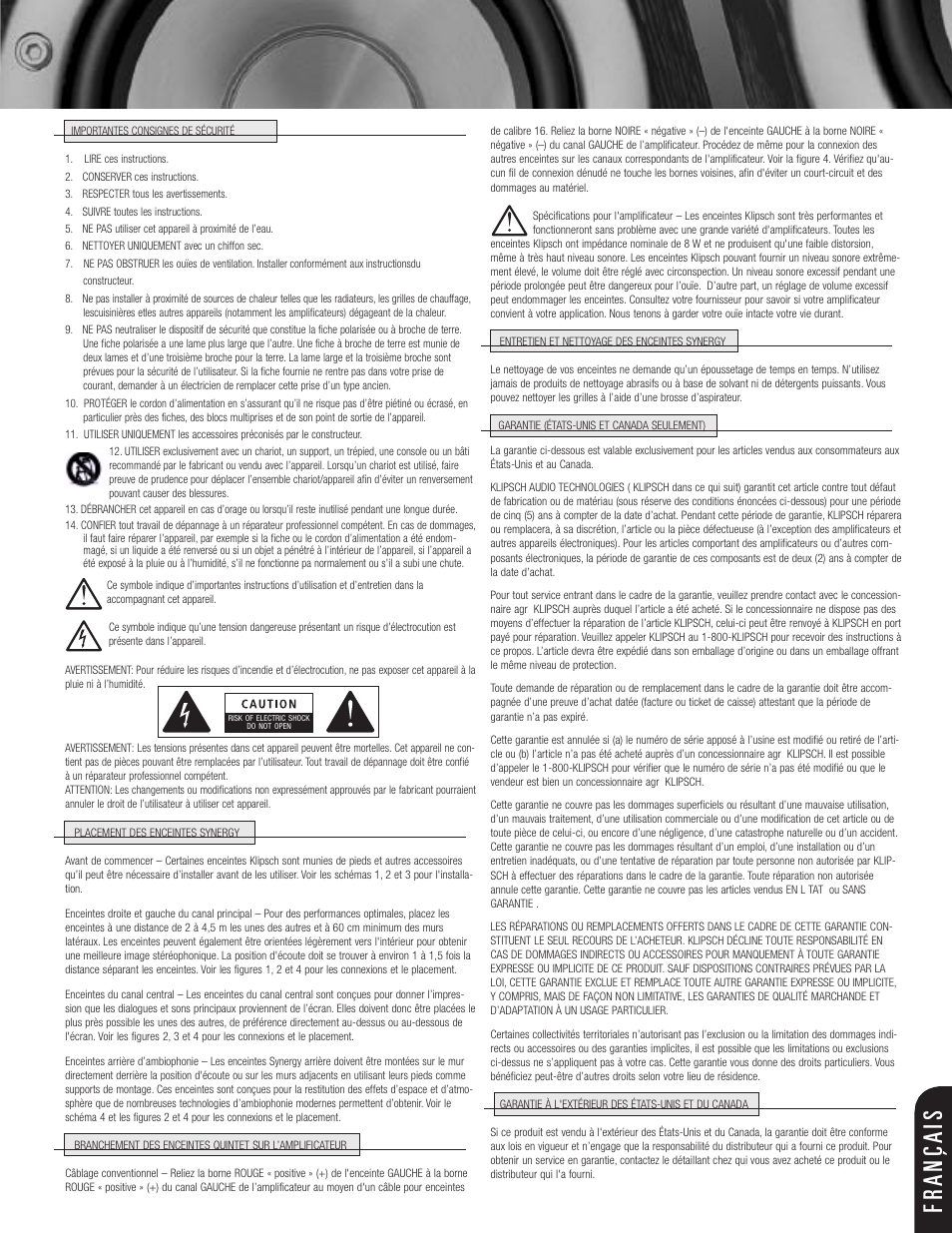 Francais | Klipsch SPEAKERS User Manual | Page 3 / 12