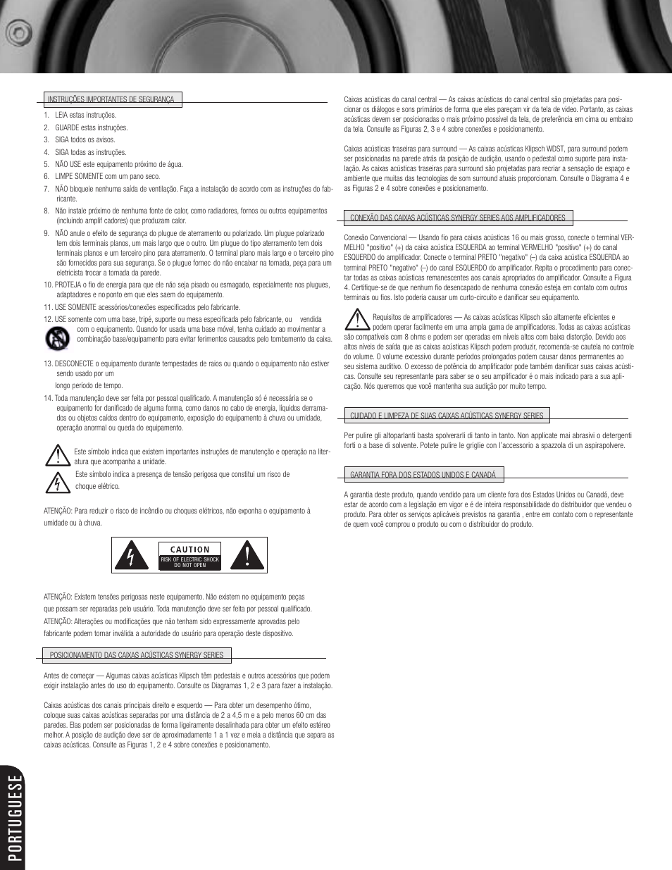 Por tuguese | Klipsch SPEAKERS User Manual | Page 6 / 12