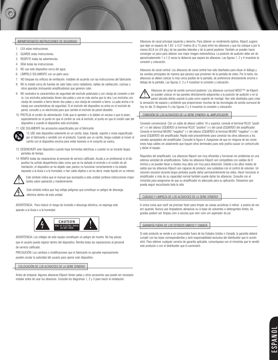 Esp anol | Klipsch SPEAKERS User Manual | Page 7 / 12