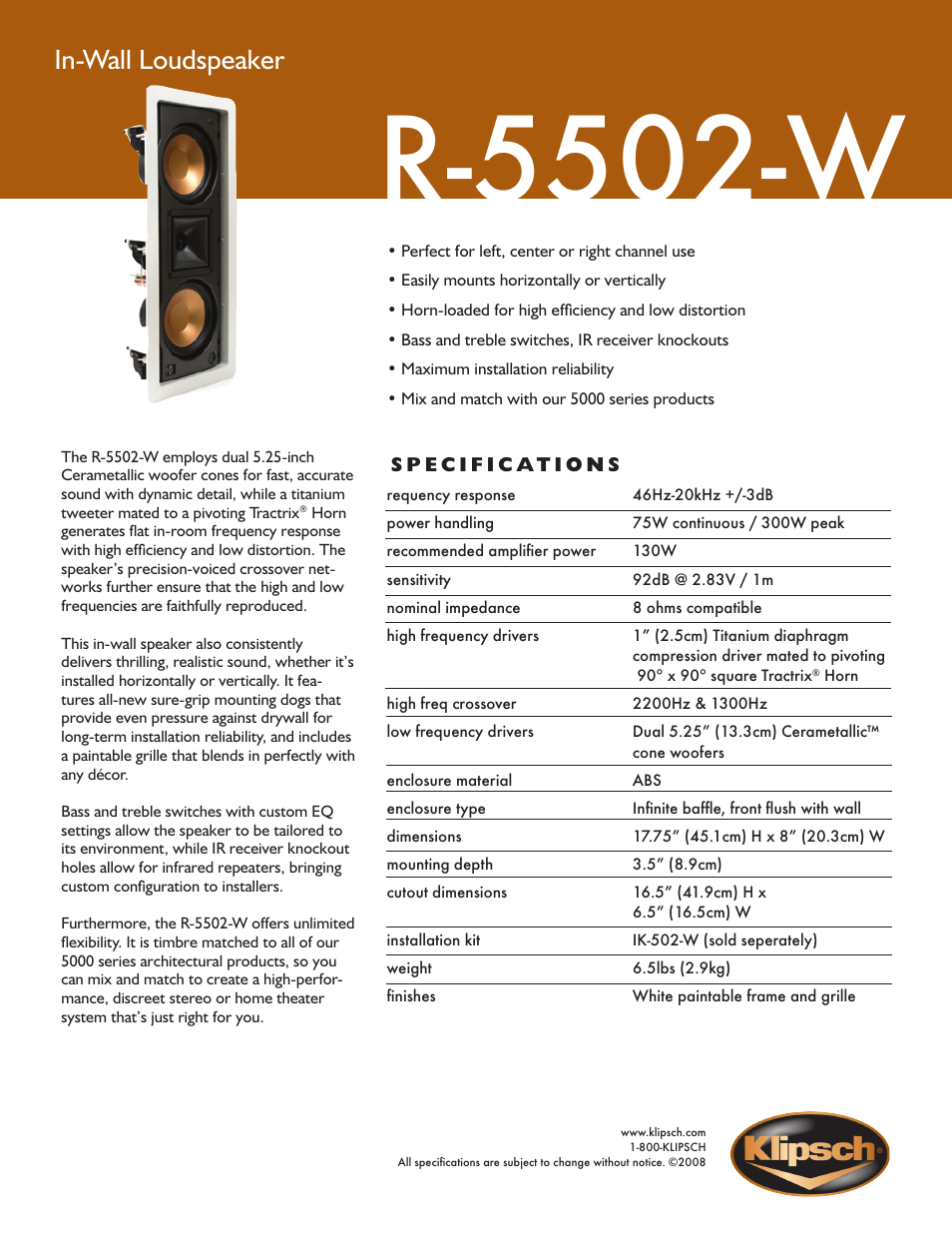 Klipsch R-5502-W User Manual | 1 page