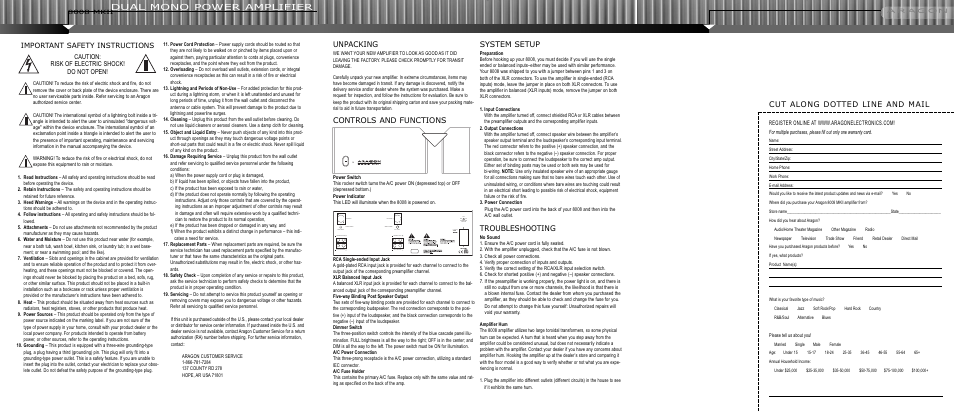 Dual mono power amplifier, Cut along dotted line and mail, Unpacking | Controls and functions, System setup, Troubleshooting, Important safety instructions, Caution: risk of electric shock! do not open | Klipsch 8008 MKII User Manual | Page 2 / 2