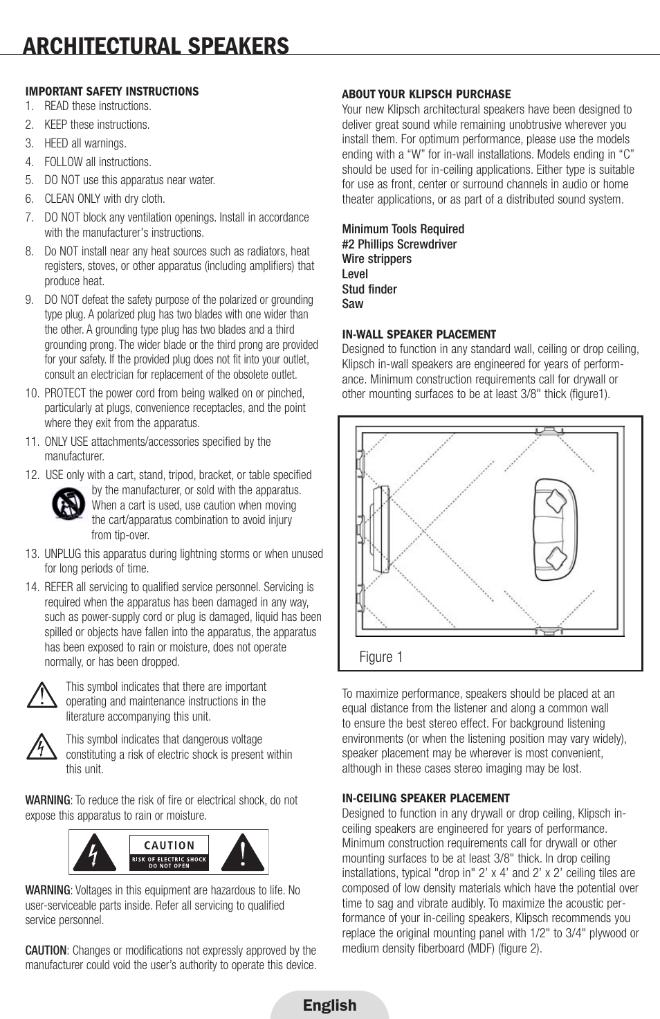 Architectural speakers, English | Klipsch ARCHITECTURAL SPEAKERS r2800com User Manual | Page 2 / 24