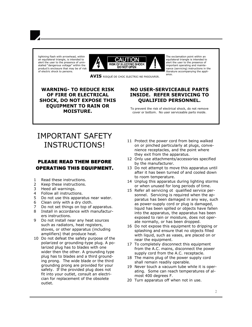 Important safety instructions | Klipsch SE84ZS User Manual | Page 2 / 11