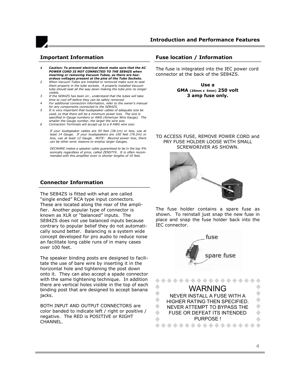 Warning | Klipsch SE84ZS User Manual | Page 4 / 11