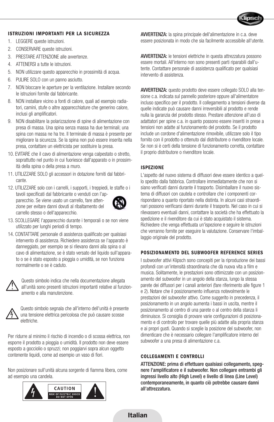 Italian | Klipsch 12d User Manual | Page 13 / 30