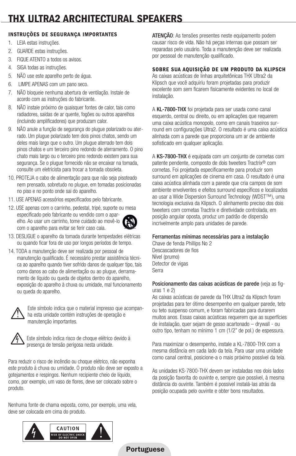 Thx ultra2 architectural speakers, Portuguese | Klipsch THX ULTRA2 User Manual | Page 12 / 20