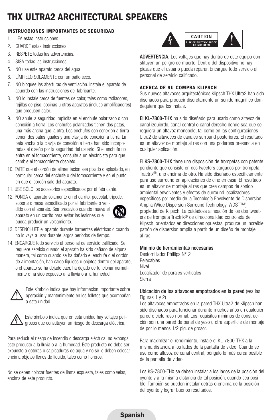 Thx ultra2 architectural speakers, Spanish | Klipsch THX ULTRA2 User Manual | Page 14 / 20
