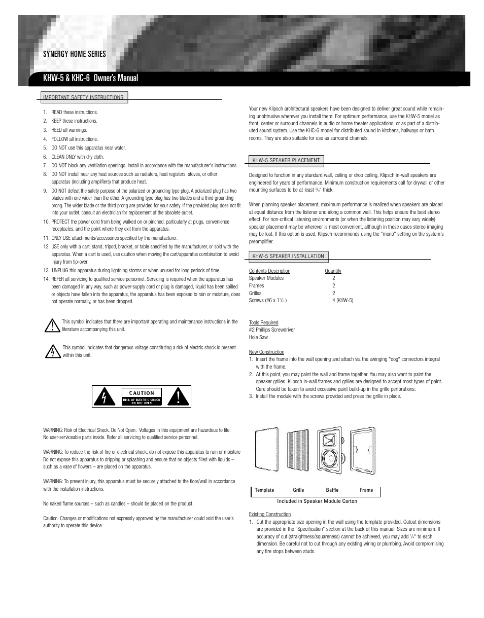 Khw-5 & khc-6 owner’s manual, Synergy home series | Klipsch KHC-6 User Manual | Page 2 / 6