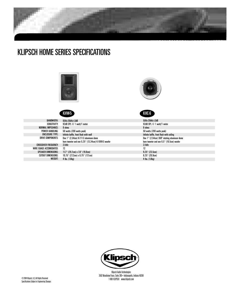 Klipsch home series specifications, Khw-5, Khc-6 | Klipsch KHC-6 User Manual | Page 4 / 6