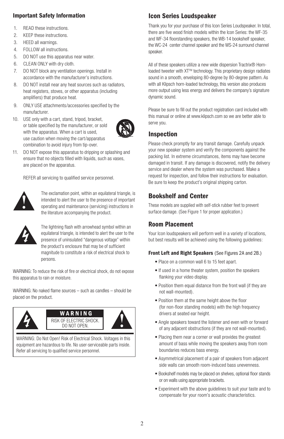 Bookshelf and center, Icon series loudspeaker, Room placement | Inspection, Important safety information | Klipsch Icon Series WC-24 User Manual | Page 2 / 8