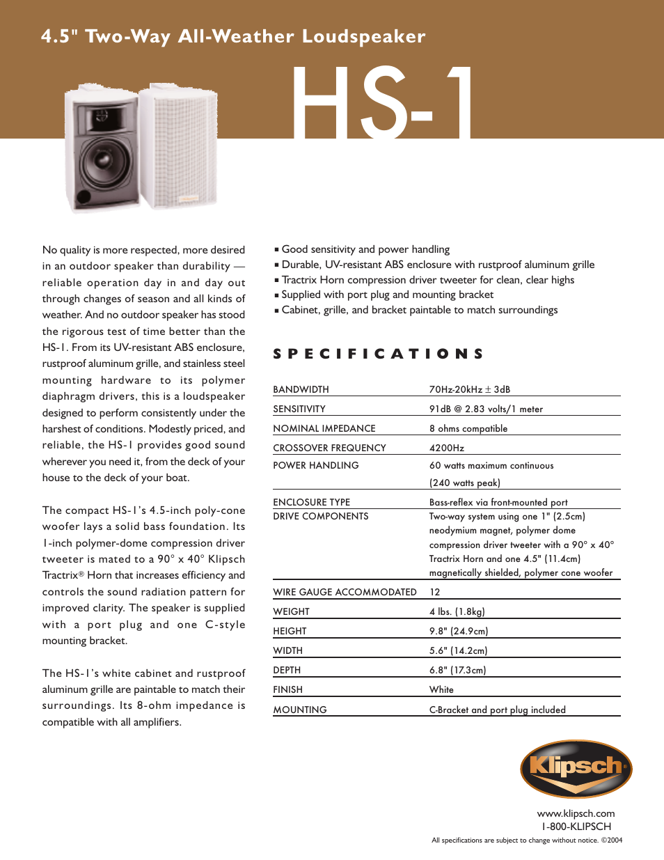 Klipsch Horizon Series HS-1 User Manual | 1 page