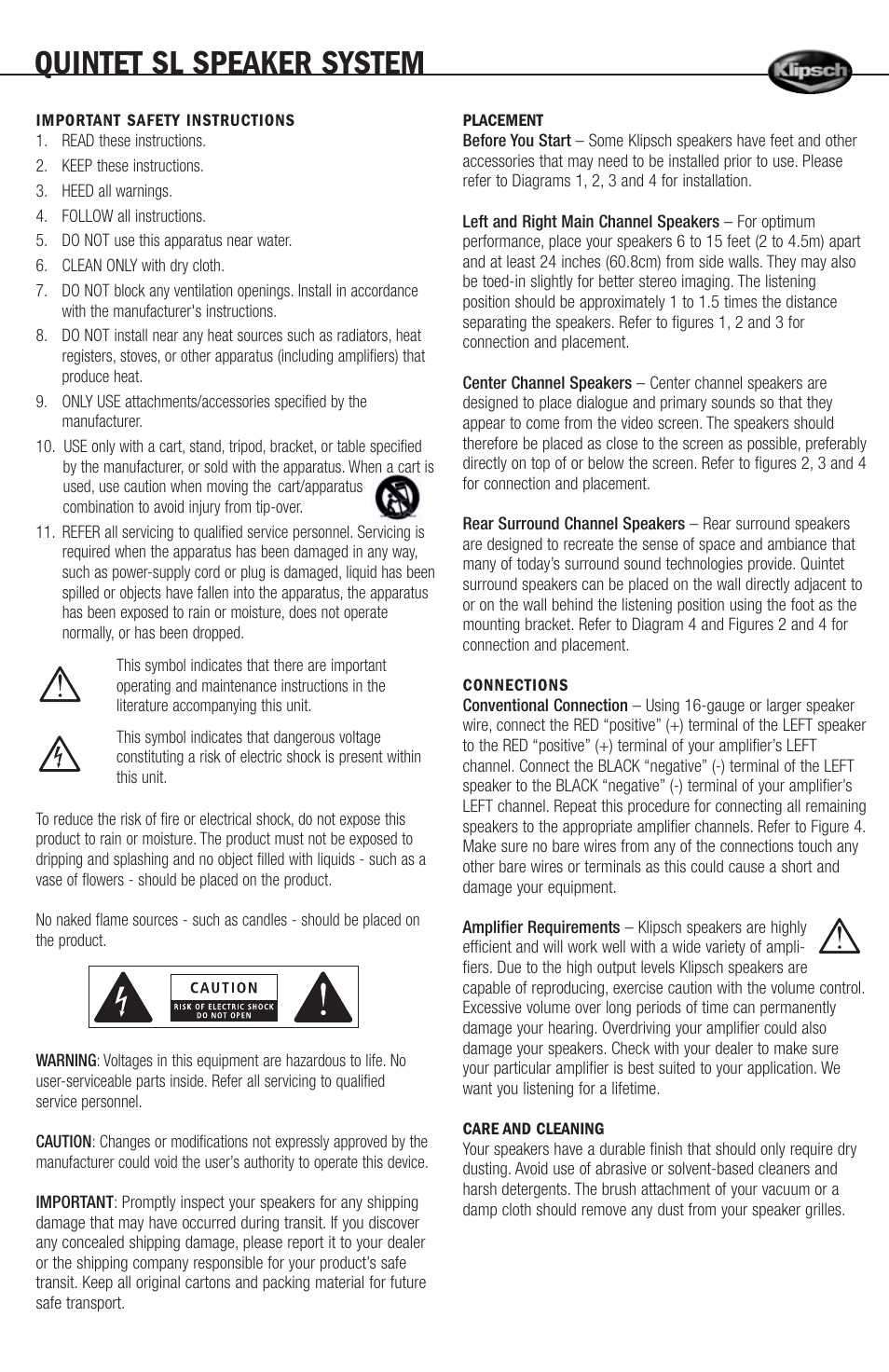 Quintet sl speaker system | Klipsch Synergy Quintet SL User Manual | Page 3 / 8