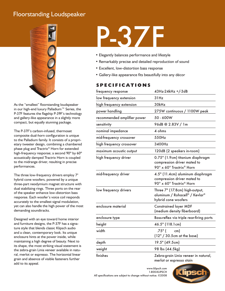 Klipsch Palladium P-37F User Manual | 1 page