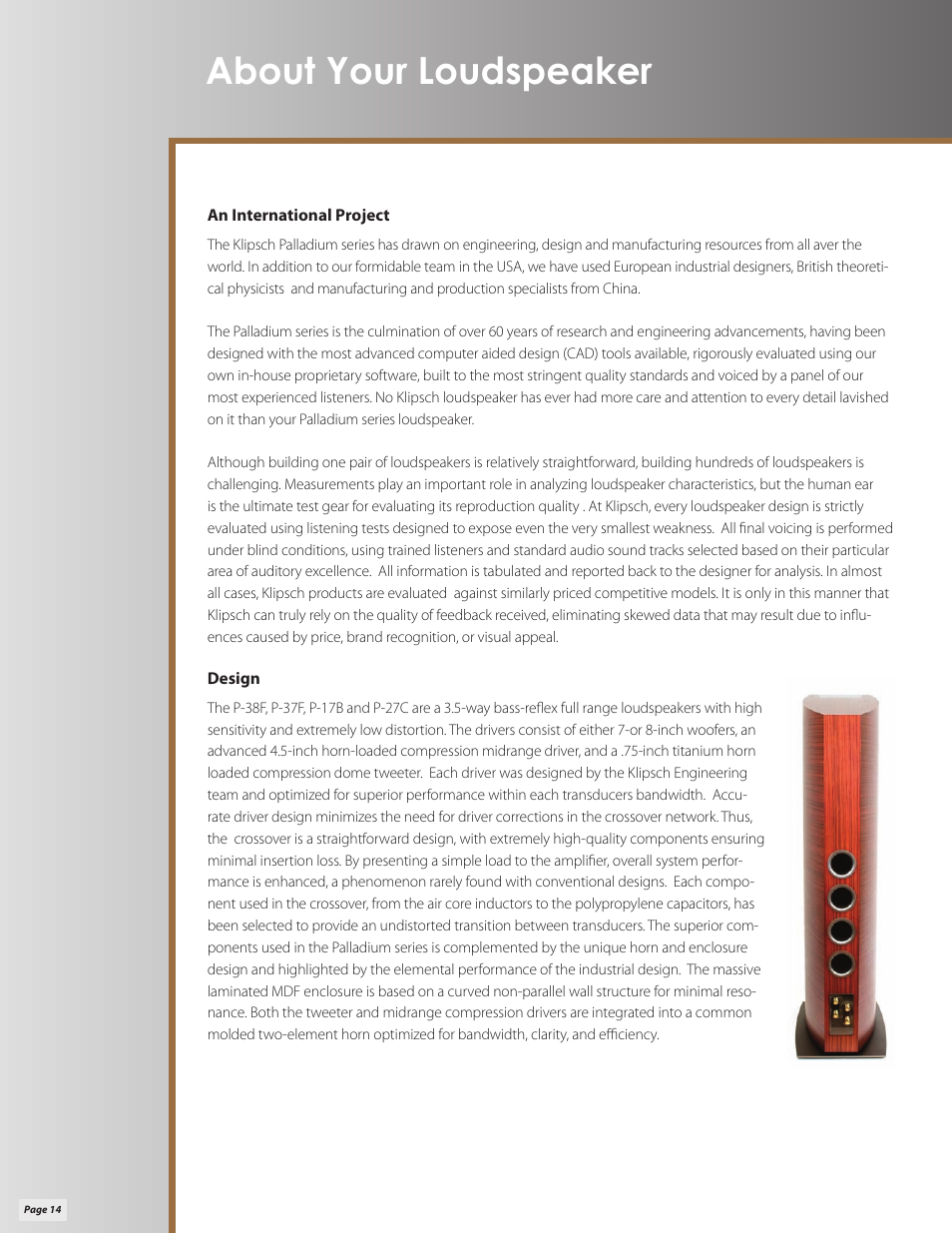 About your loudspeaker | Klipsch Palladium P-27C User Manual | Page 14 / 20