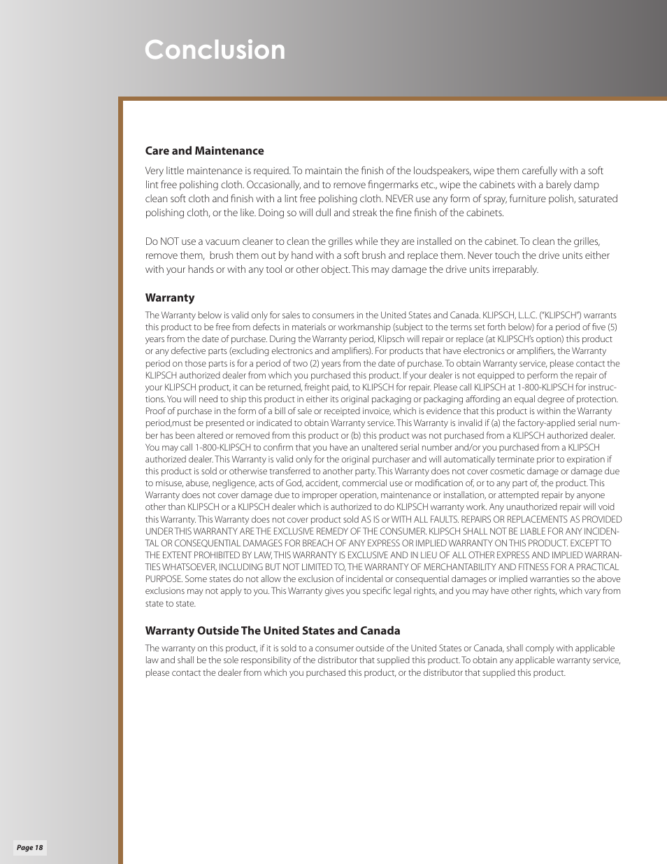 Conclusion | Klipsch Palladium P-27C User Manual | Page 18 / 20