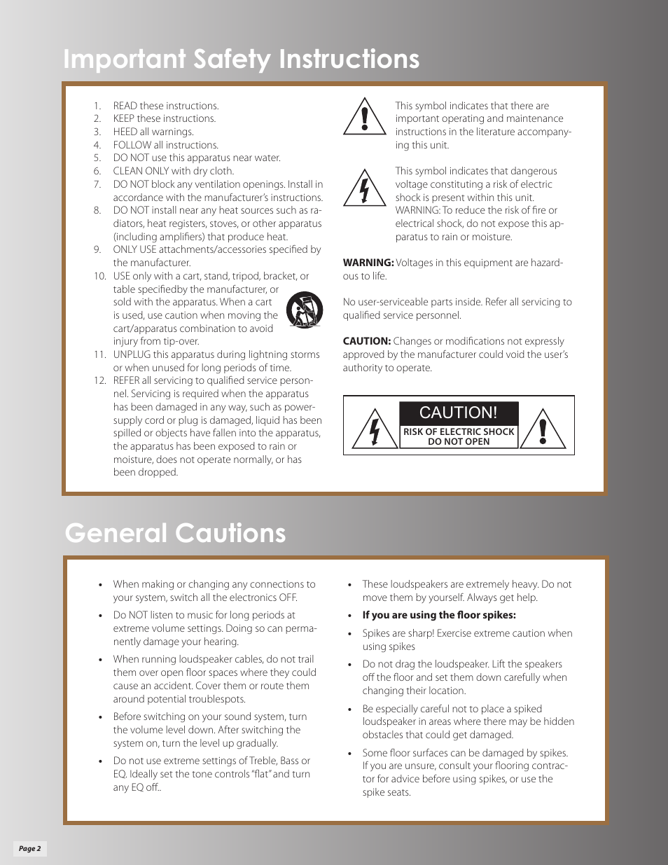 Important safety instructions general cautions, Caution | Klipsch Palladium P-27C User Manual | Page 2 / 20