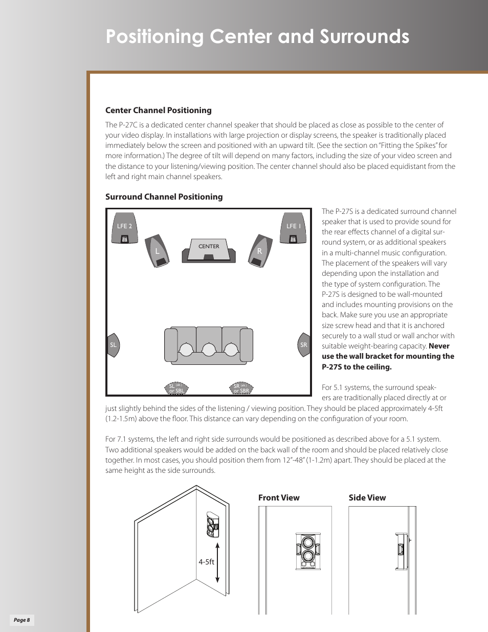 Positioning center and surrounds | Klipsch Palladium P-27C User Manual | Page 8 / 20