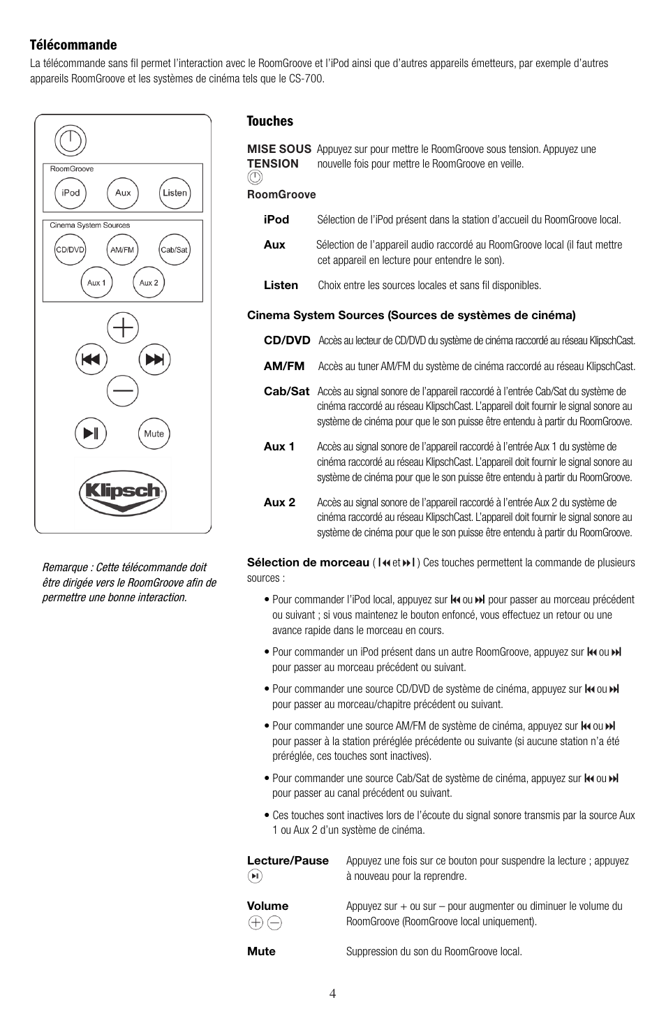 Touches, Télécommande | Klipsch ROOMGROOVE User Manual | Page 11 / 68