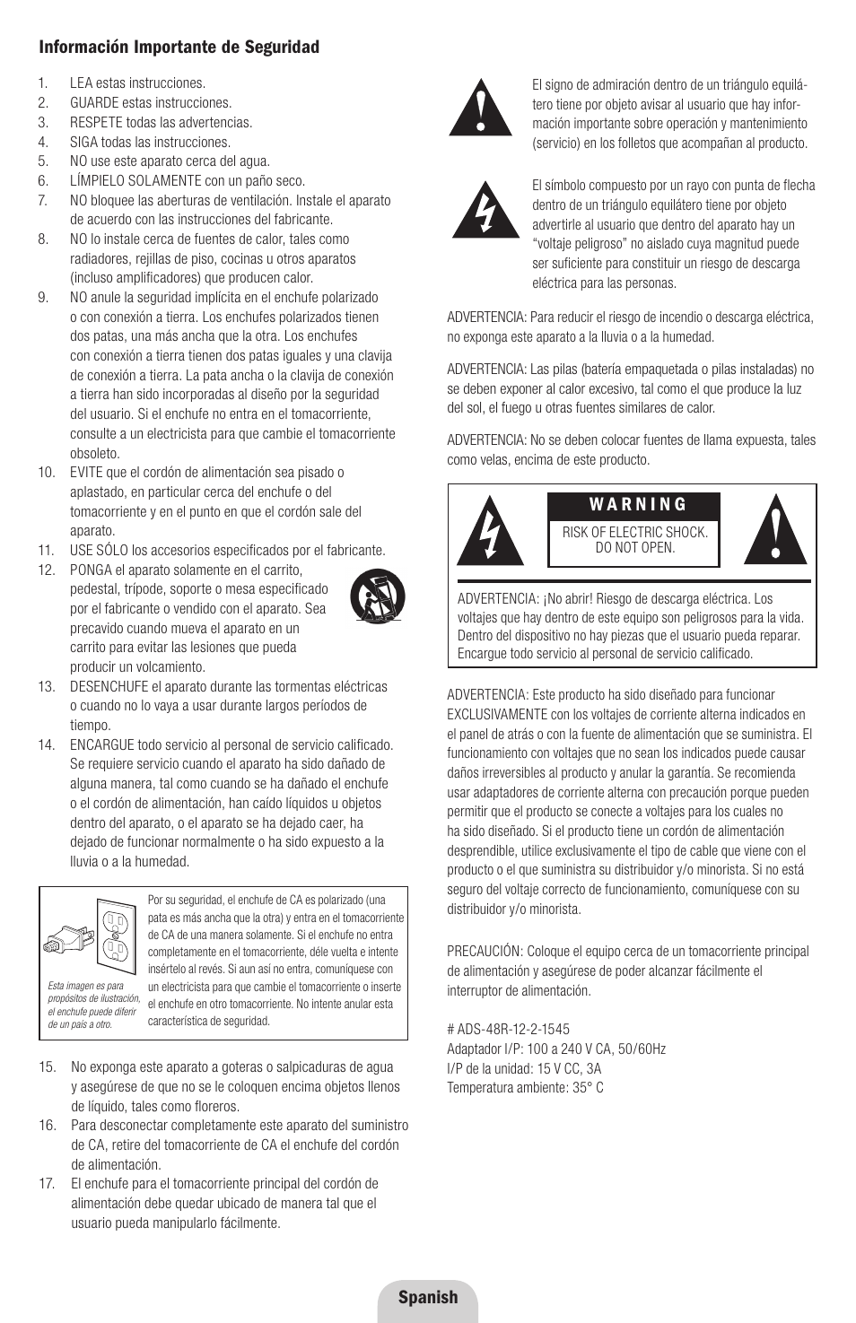 Información importante de seguridad, Spanish | Klipsch ROOMGROOVE User Manual | Page 14 / 68